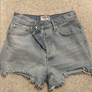 Agolde Light Blue Frayed Hem Jean Shorts